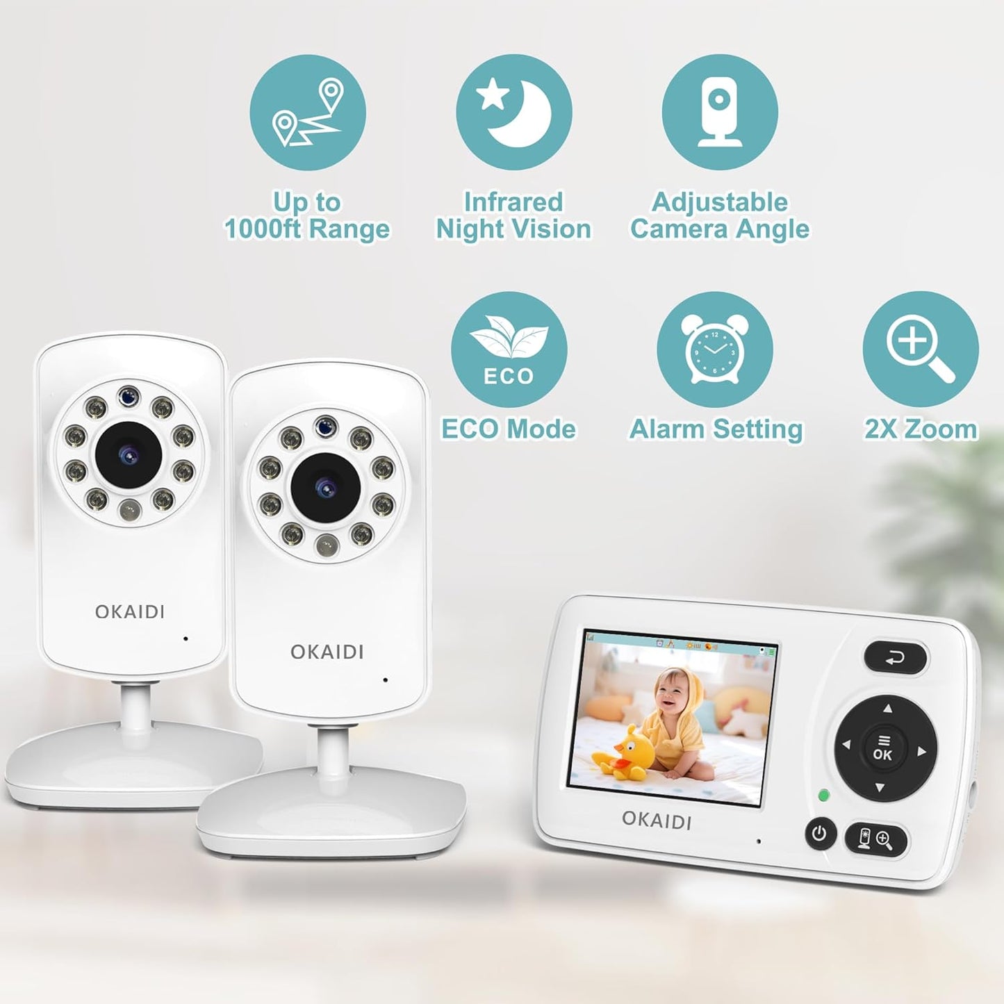 Video Baby Monitor with 2 Cameras, 2.4'' Portable Travel Screen, 1000ft Long Range Transmission, Baby Monitor No WiFi, Infrared Night Vision, VOX Mode