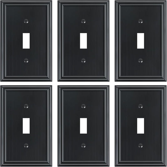 6-Pack Single Toggle Light Switch Cover Plate, Durable Solid Zinc Alloy Decorative Switch Plate Covers, Black 1 Gang Wall Plate, Corrosion Resistant