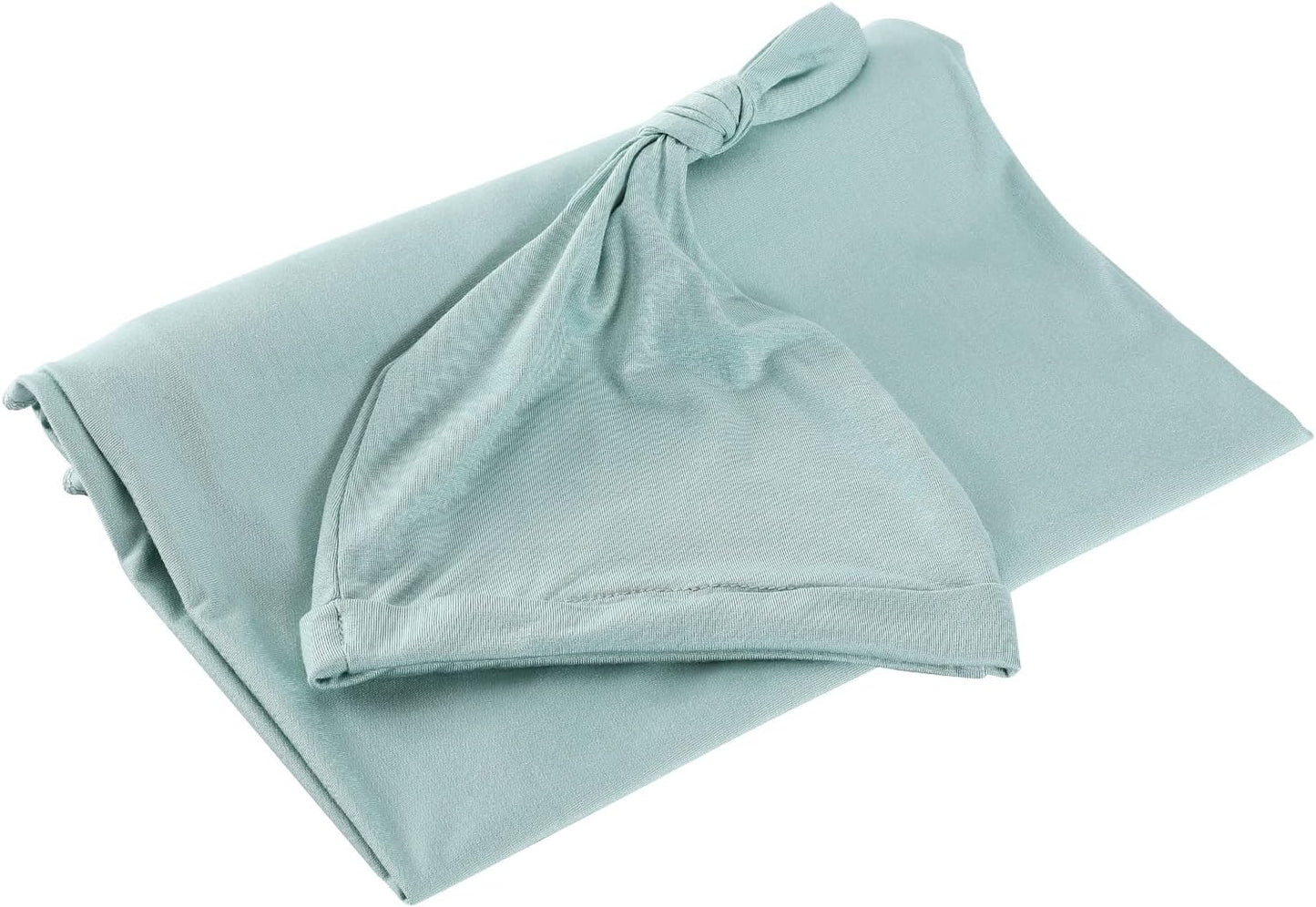 iEvolve Cotton Knitted Baby Swaddle Blanket with Hat Headband Set Newborn Swaddle Wrap Receiving Blankets for Baby Girl Boy 45" x 45"(LightGreen)