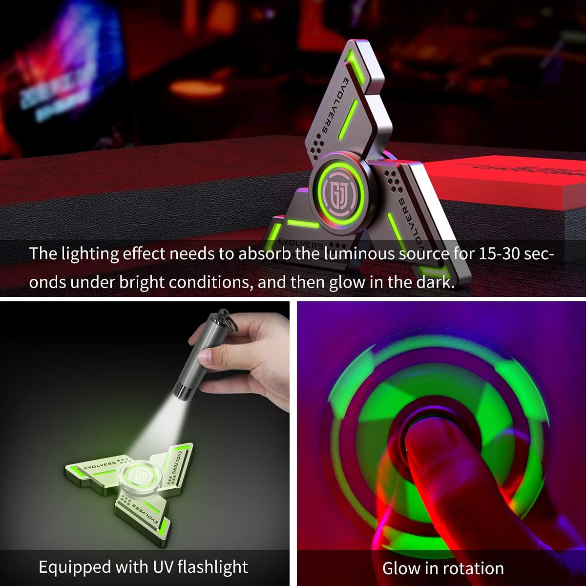 Cyclone Fidget Spinners,Gray Metal with Green Luminous, Durable High Speed Silent Bearing, Finger Hand Spinner,Relieve Stress & Anxiety,Toys/Gifts for Adults & Kids (DIY Accessories Included)