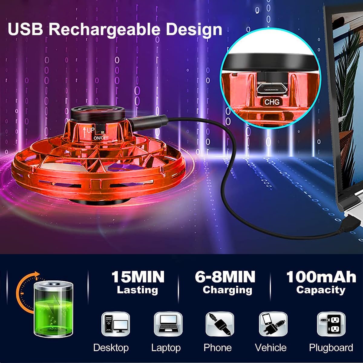 Flying Ifly Spinner, Fidget Spinner Flying Toys, Mini Fly UFO Hand Controlled Boomerang Drone, Cool Stuff Gadgets Gifts for Kids Boys Girls Teens 8 9 10+ Year Old Indoor Outdoor (Red)