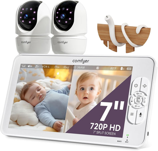 7" Split-Screen Baby Monitor with 2 1080P Cameras, 720P HD No WiFi Monitor with a Flexible Bracket, Video Baby Monitor with Camera and Audio, 2 Way Audio, Remote PTZ, Auto Night Vision