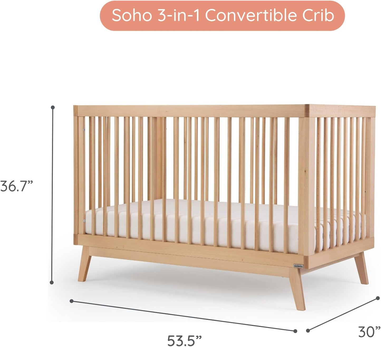 dadada Baby Soho 3-in-1 Convertible Wooden Crib to Toddler Bed - Made in Italy, GREENGUARD Gold Certified, Baby-Safe Finish, Sustainable Beech Wood, Modern Design, 3 Adjustable Heights (Natural)