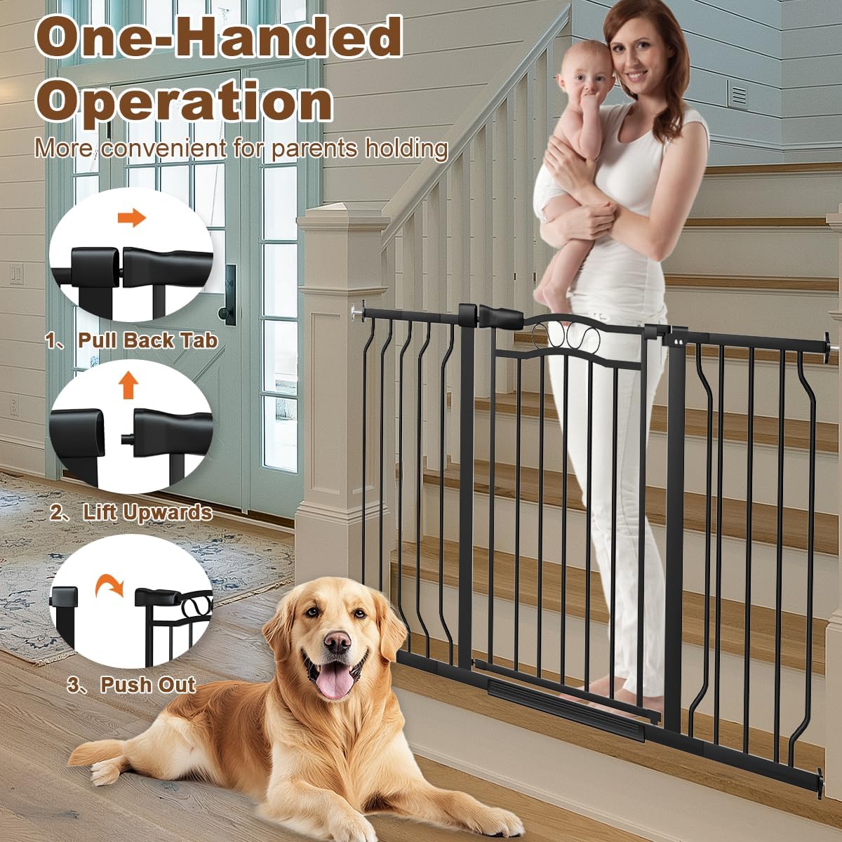 62.2-71.6" Extra Wide Baby Gate for Stairs No Drilling, 30" Tall Auto Close Press Mounted Baby Gate for Doorways, Adjustable Width Walk Through Long Gates for Kids or Pets, Black