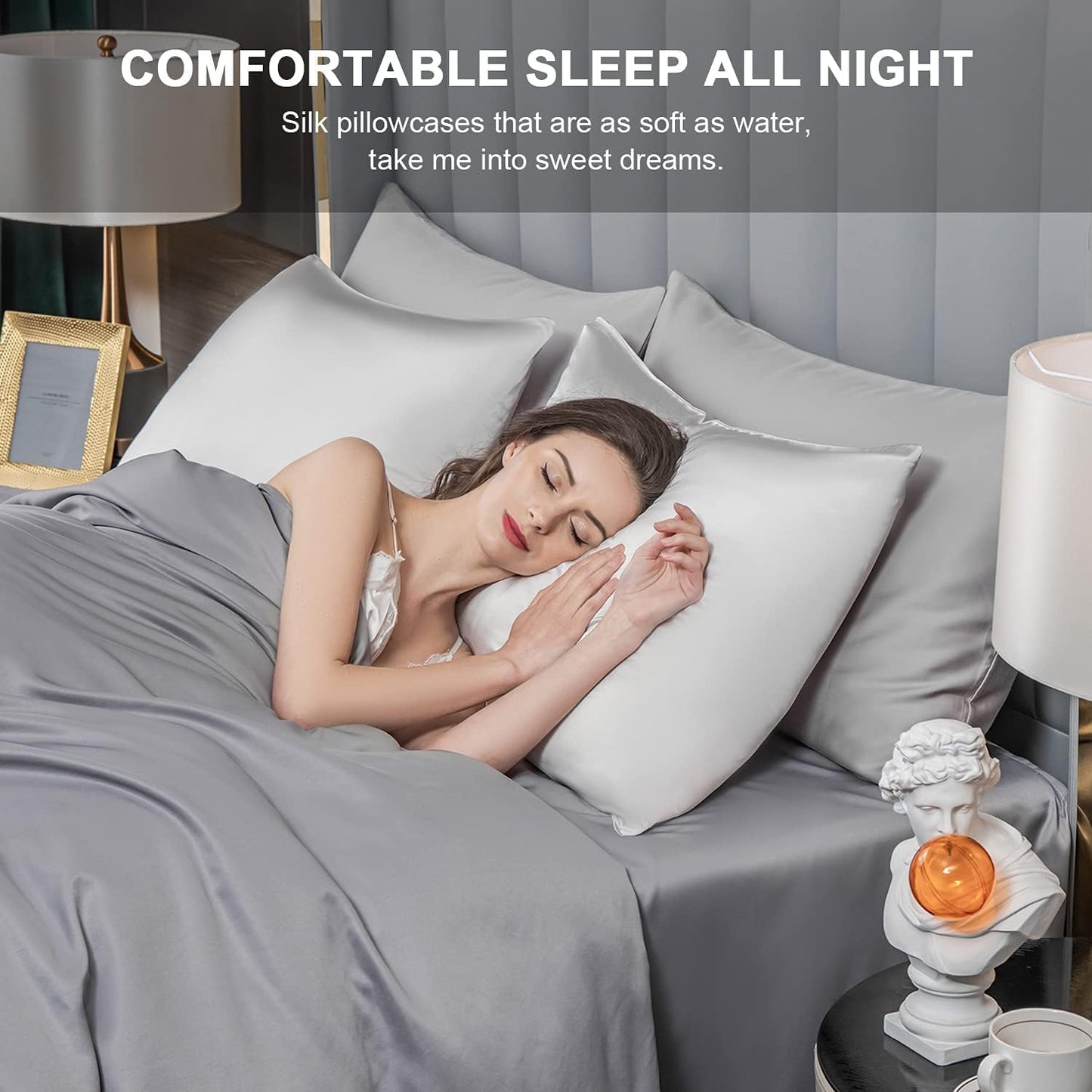 Mulberry Silk Pillowcase for Hair and Skin,Cooling Silk Pillow Case with Hidden Zipper,Allergen Proof Dual Sides Soft Breathable Smooth Silk Pillow Cover for Women (Light Gray, Body)