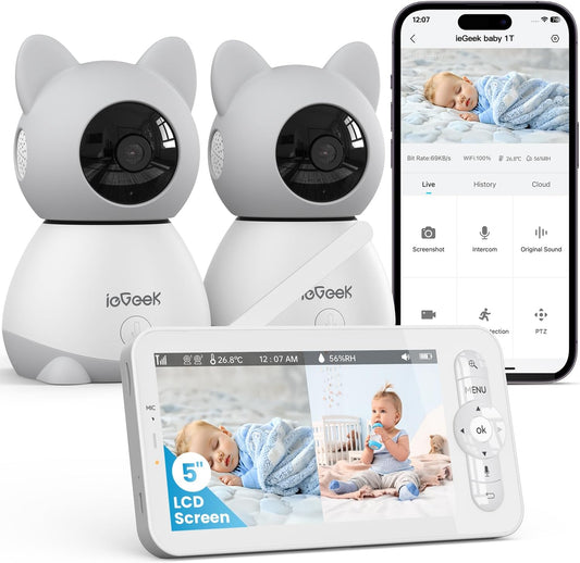 ieGeek Baby Monitor with 2 Cameras, 5" Large Screen Split-Screen Video Baby Monitor | 2K HD Non-WiFi Monitor with App & Parent Unit | Night Vision, 2-Way Audio, Cry Detection, Temperature Sensor