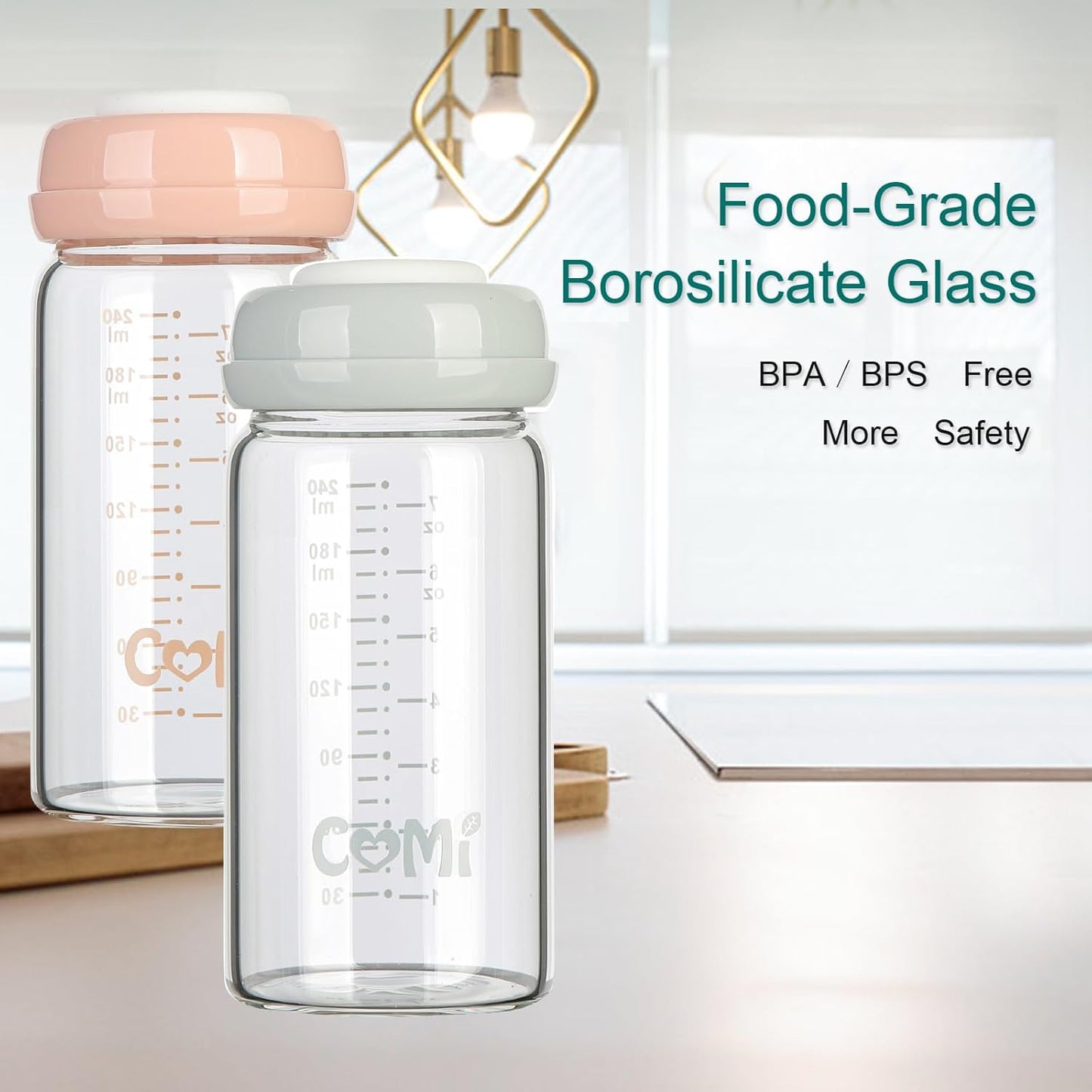 COMI Wide Neck Glass Breastmilk Collection n Storage Bottle, 8oz with Screw Ring Sealing Disk; Re-markable Sealing Disc. BPA Free, Fits Breast Pumps & Nipples (4 Pink Lids)