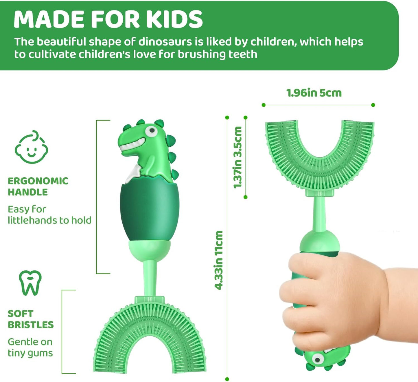 U-Shaped Toothbrush for Kids Ages 2-7， Soft Food-Grade Silicone for Sensitive Gums， 360° Teeth Cleaning Design，Training & Travel-Friendly Toddlers' Toothbrush (Green)