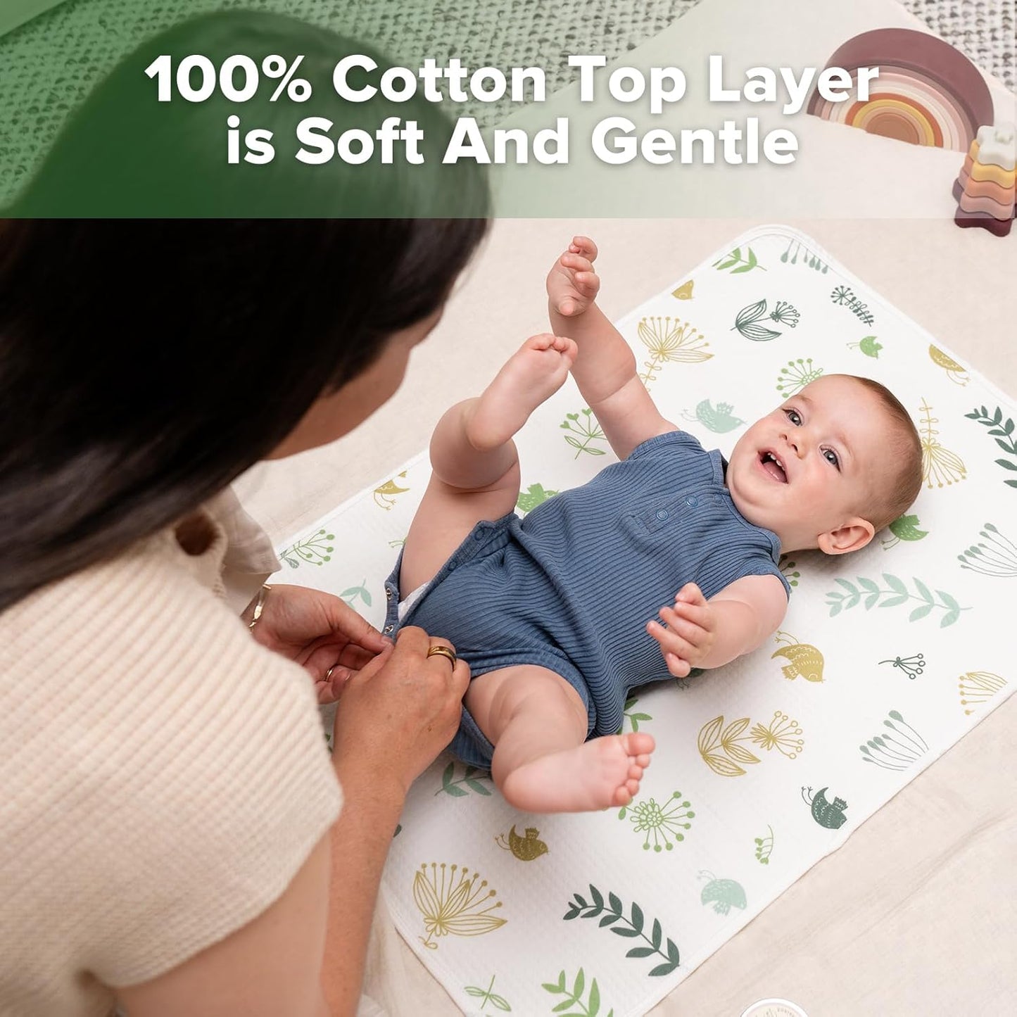 haakaa Waterproof Changing Pad Liners, 100% Cotton, Soft & Breathable (1pc, 19.5" x 27.5" Spring Breeze)