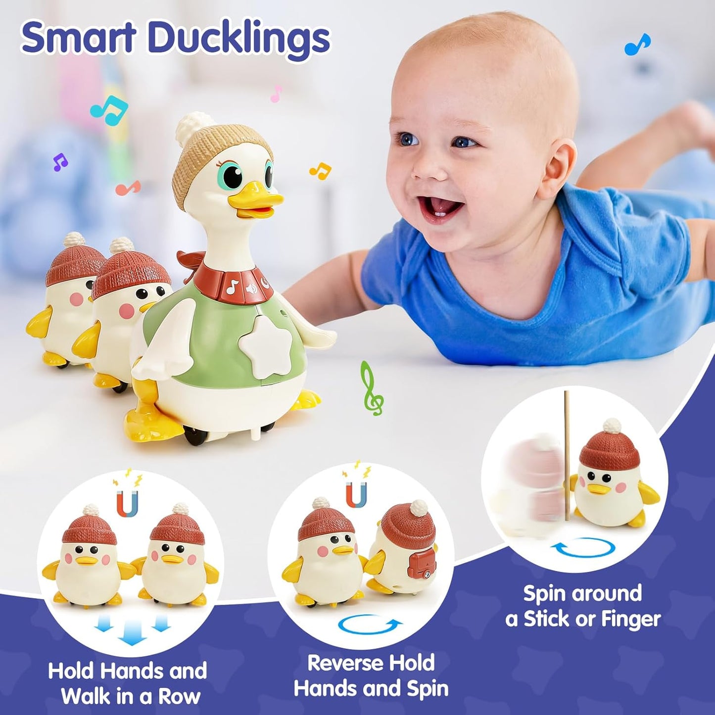 HOLA Baby Toys 6-12 Months Musical Dancing Duck Toy Set with Mama and Babys Tummy Time Toys, Crawling and Interaction Modes 1 Year Old Girl Boy Baby Easter Gifts Stocking Stuffers