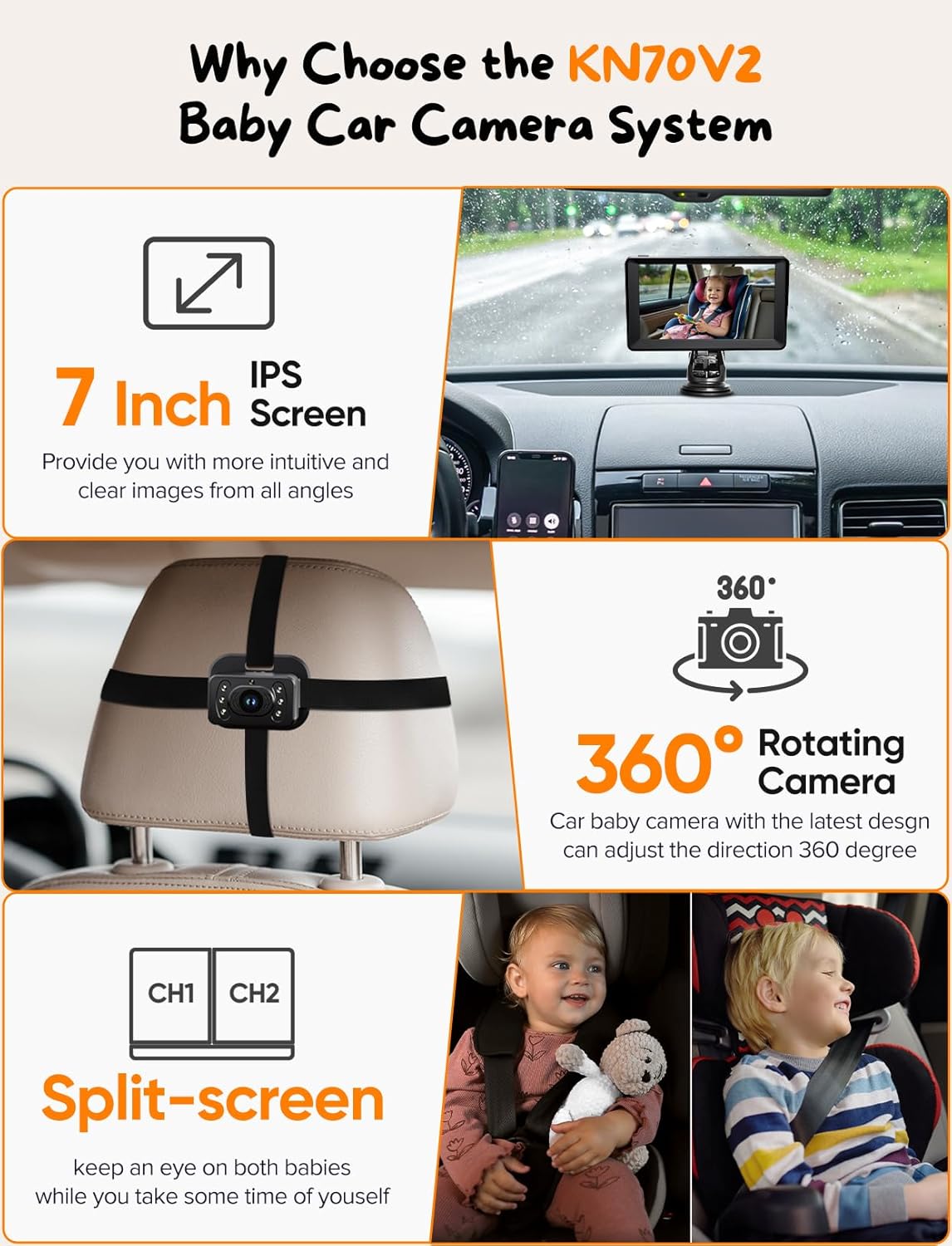 Baby Car Camera for 2 Kids - 7 Inch HD1080P Split Screen Baby Monitor with Dual Backseat Camera 150° Wide View & 360° Rotatable, Night Vision Easy Install, Rear-Facing Baby Car Mirror