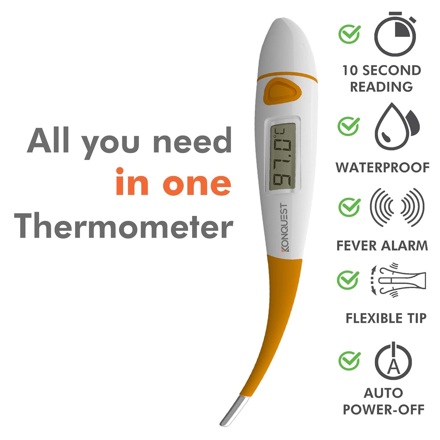 Konquest KDT-1201 Best Digital Medical Thermometer, Highly Accurate and Fast, Easy to Use, 10 Second Reading. Detect Fever Quickly - Oral Armpit and Rectal Thermometer for Babies Children and Adults