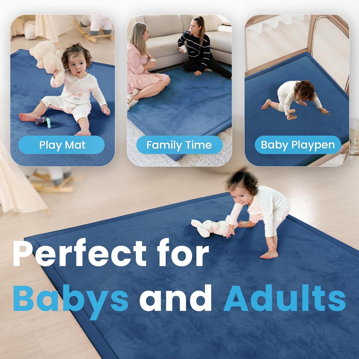 Ultra Soft Baby Play Mat,71"×79" Extra Large Activity Tummy Time Mat for Toddlers,Infants,Kids,1.3" Thick Elasti-Foam Nursery Rug for Floor,Non-Slip Safe for Crawling,Water-Repellent(Royal Blue)
