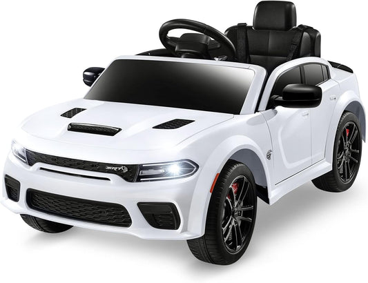12V 7Ah Kids Electric Ride on Car, Licensed Dodge Charger SRT Hellcat, Battery Powered 4-Wheels Toy Car Electric Vehicle for Kids with Remote Control, 3 Speeds, LED Lights, Music (White)
