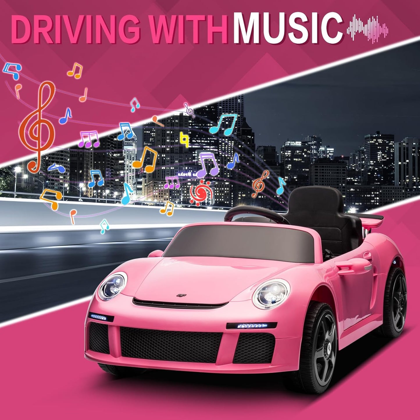 Licensed RUF CTR3 12V Kids Ride On Car with Parent Remote Control, MP3 Player, Battery Powered Electric Toy with 2 Motors, 3 Speeds, LED Lights - Pink