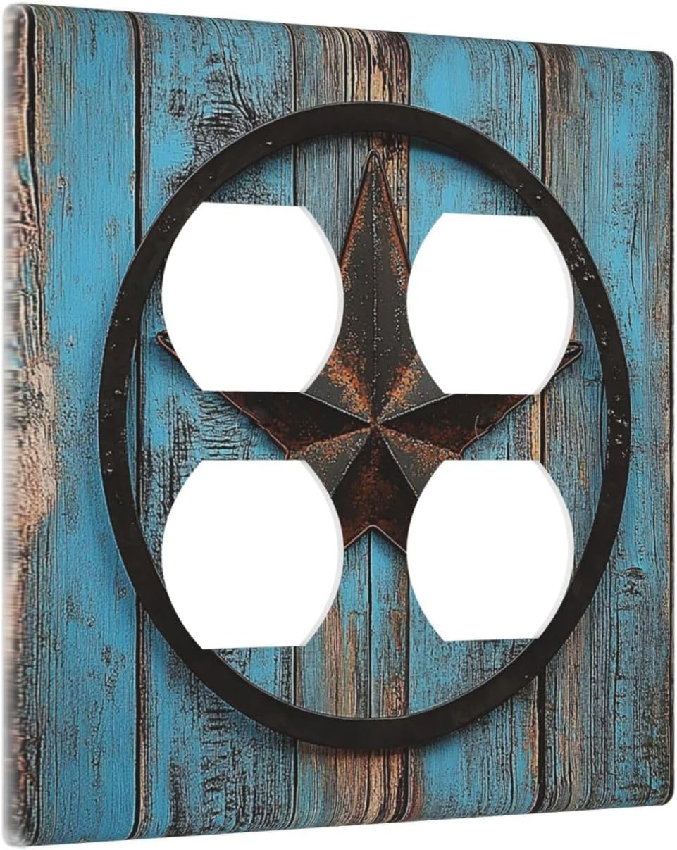 Outlet Covers Rustic Wood Country Barn Texas Star On Teal 2 Gang Double Duplex Decorative Light Switch Covers Electrical Wallplates Socket Faceplate For Farmhouse Cabin Decor