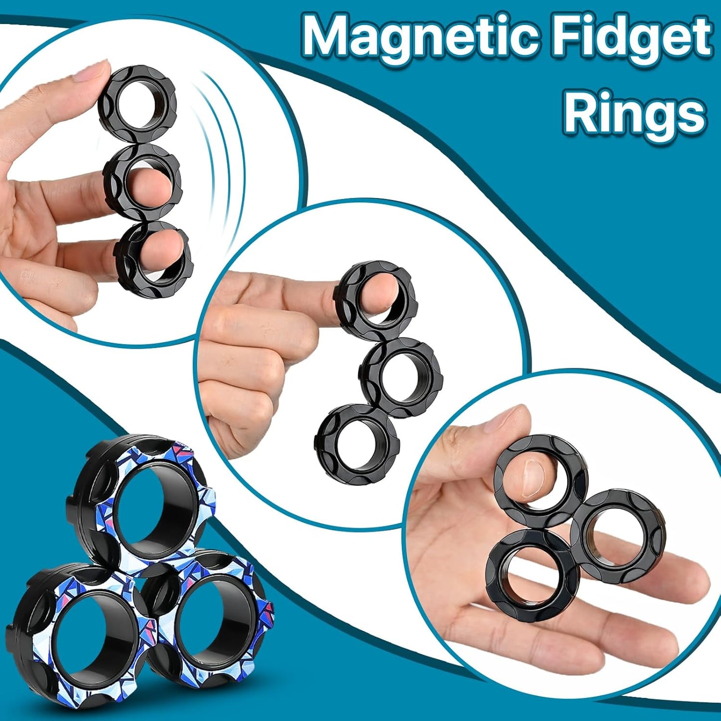 3PC Fidget Toys Adults Set, Cool Mini Gadget Sensory Pack with Infinity Fidgets Cube Figette Pad Magnetic Rings ADHD Anxiety Relief Stress Toys for Teen Office Desk Toy for Boy & Girls -Blue