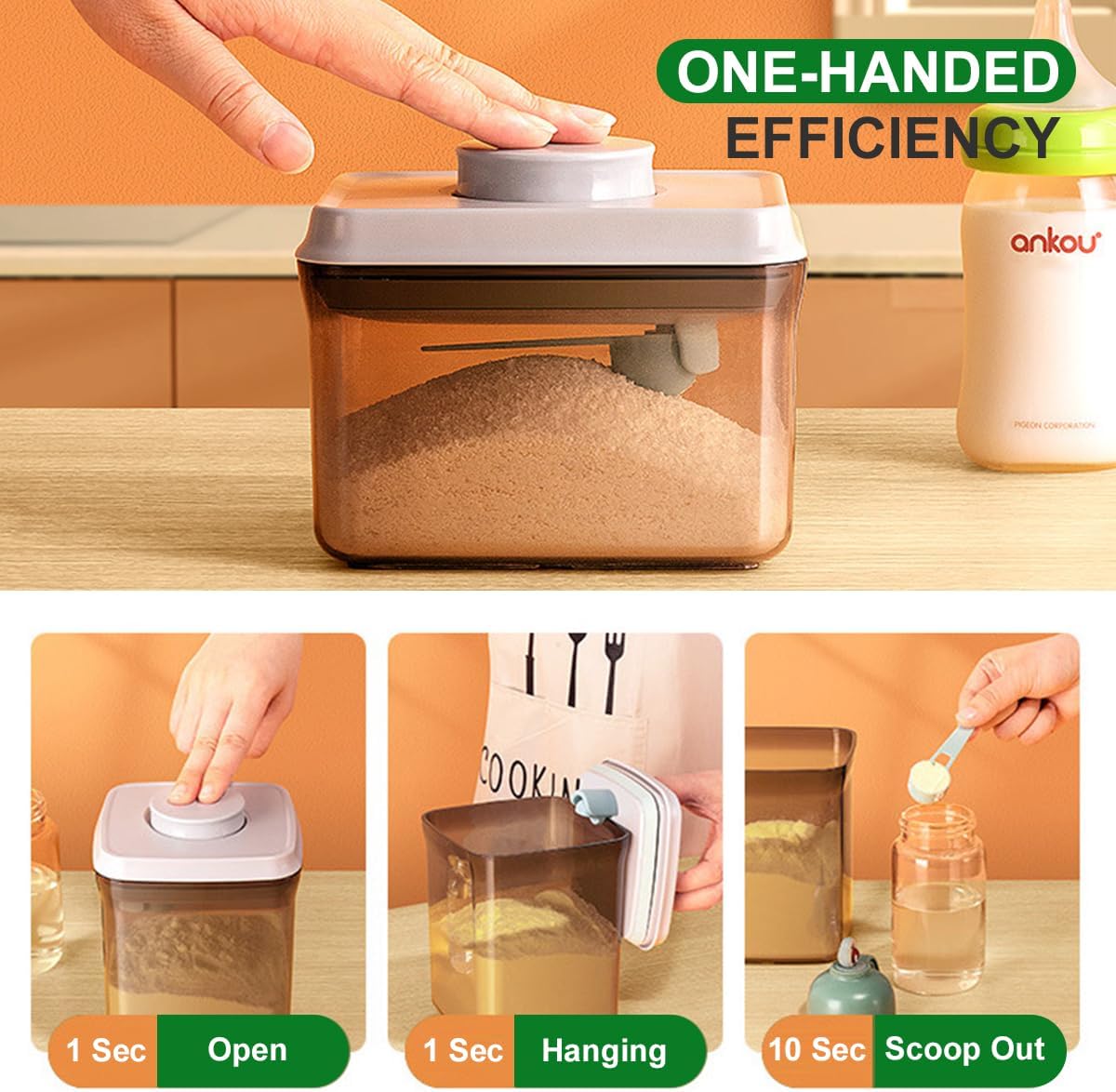 Ankou Airtight Formula Container-1000ml/400g Formula Dispenser with Lids, BPA-Free Food Storage Containers, One Button Handy Milk Powder Dispenser with Scoop and Scraper, Dark Brown