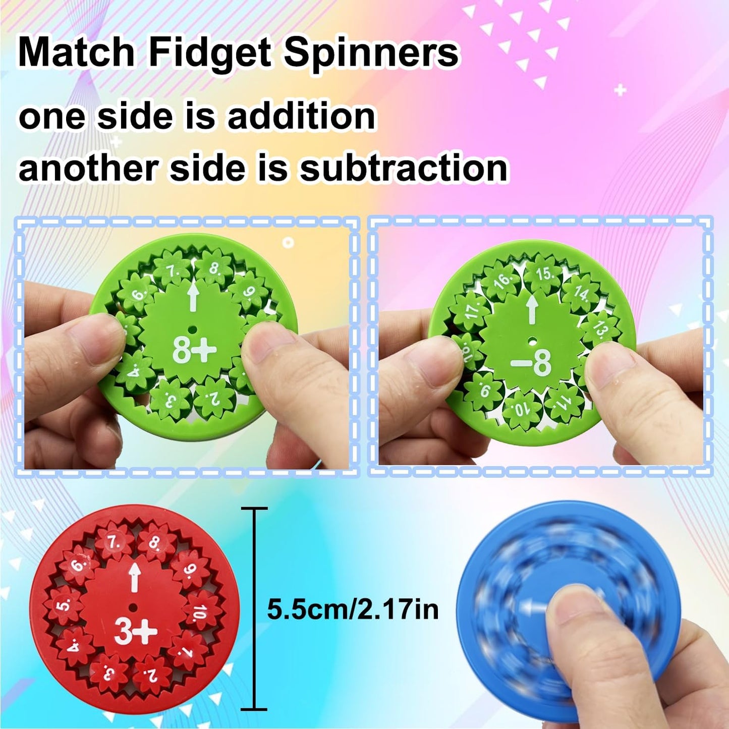 Math Fidget Spinners, Educational Math Fact Fidget Spinners, Learn Division & Multiplication Fidget Toys for Kids Adults for Stimmers & Fidgeters (Add Or Subtract 9pcs)