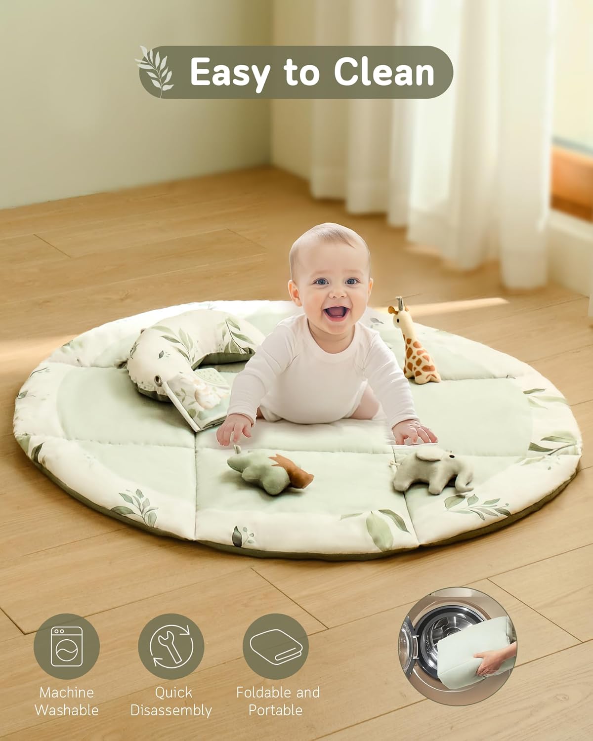 Fortella Baby Play Gym & Activity Mat, Tummy Time Mat w 5 Detachable Toys and Pillow, Large Sensory Playmat for Floor, Newborn Infant Baby Essentials Shower Gift 0-3-6-9-12 Months (Sage Green)