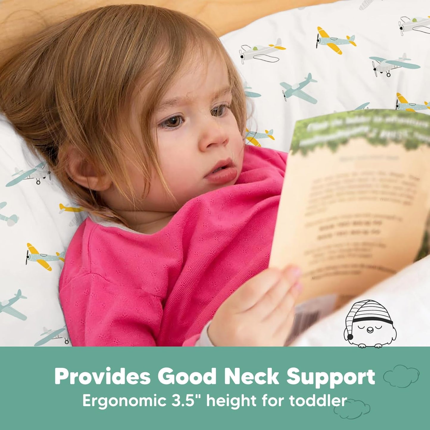 KeaBabies Toddler Pillow with Pillowcase, Jumbo 14X20 - Soft Organic Cotton Toddler Pillows for Sleeping - Machine Washable - Perfect for Travel, Toddler Bed Set (Plane)