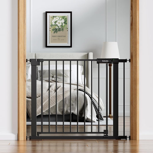 BABELIO Baby Gate for Doorways and Stairs, 36-41" Pet Gate with Wide Walk Thru Door and Lock Indicator, No Drill Pressure Mounted Safety Gate with Double Lock and Self-Closing, Black