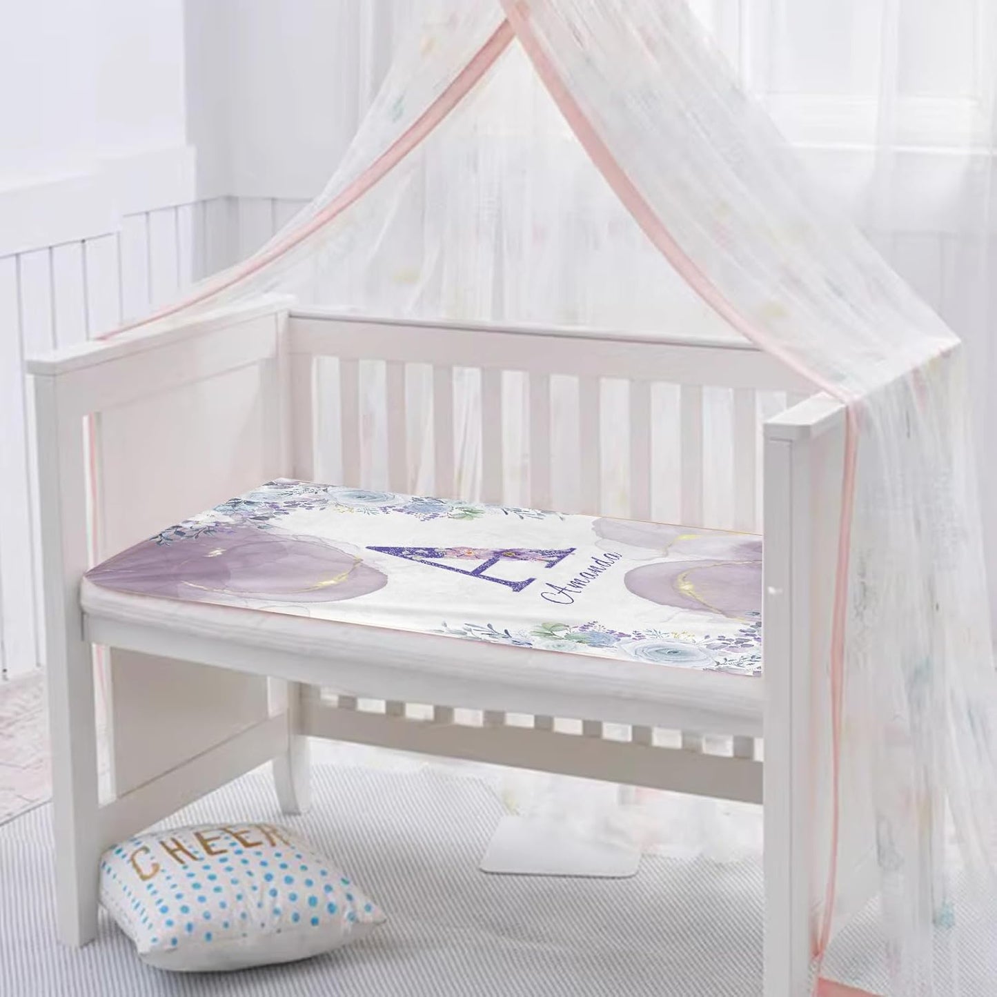 Personalized Baby Blanket with Name, Custom Floral Name Blanket Toddler Girls Soft Flannne Swaddling Blankets Customized Monogram Memorial Gift for Infant Newborn Shower