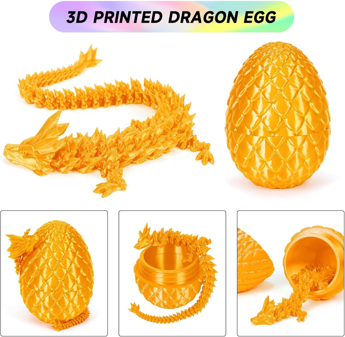 3D Printed Dragon Egg,Dragon Eggs with Dragon Inside,Crystal Dragon Fidget Toys,Full Articulated Dragon Dragon in Egg,Adults Fidget Toys for Autism ADHD (Gold)