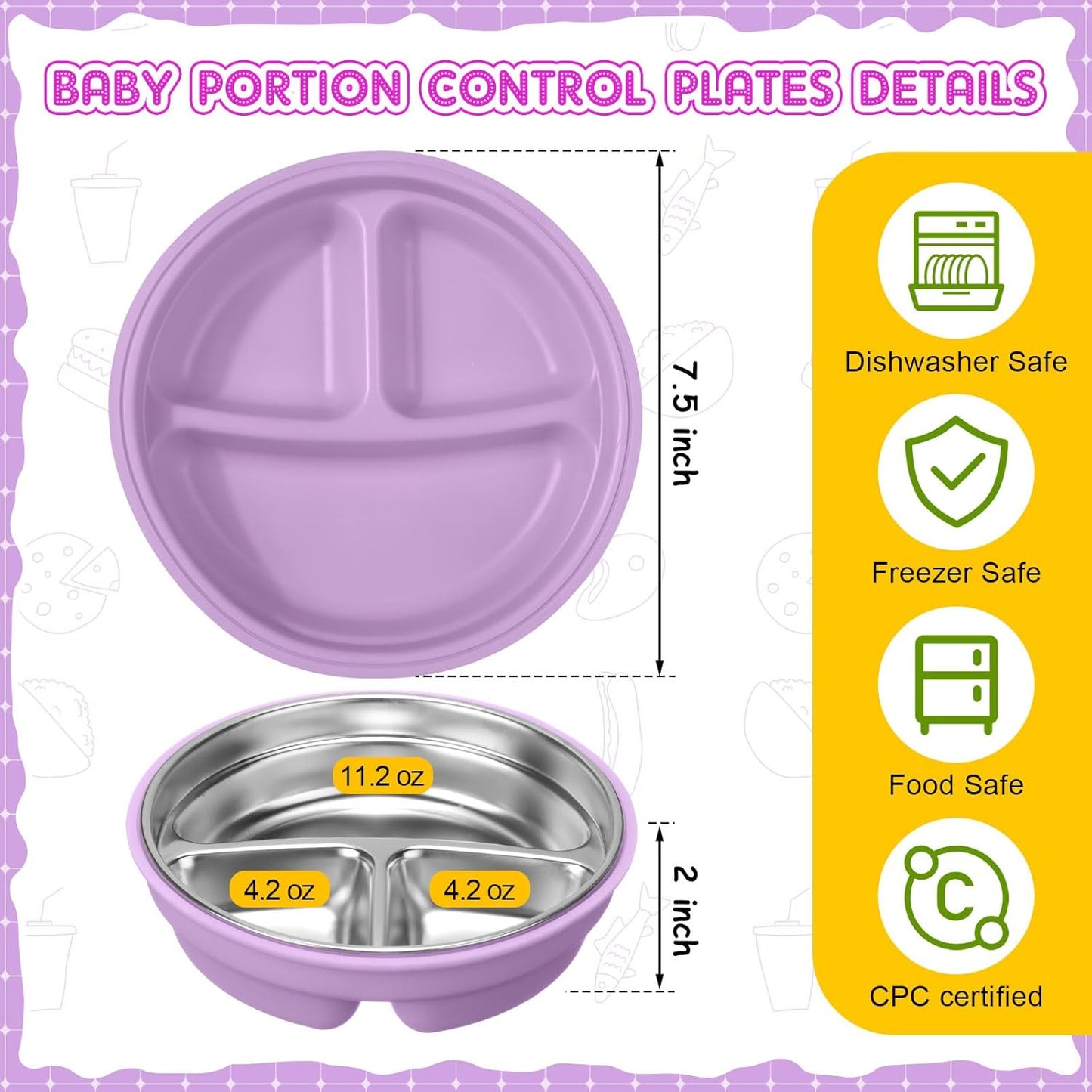 Nuogo 1 Pcs Stainless Steel Baby Suction Plates with Removable Silicone Shell 2-in-1 Metal Toddler Bowl Divided for Picky Eaters Kid Feeding Led Weaning Supply, Dishwasher Safe (Purple)