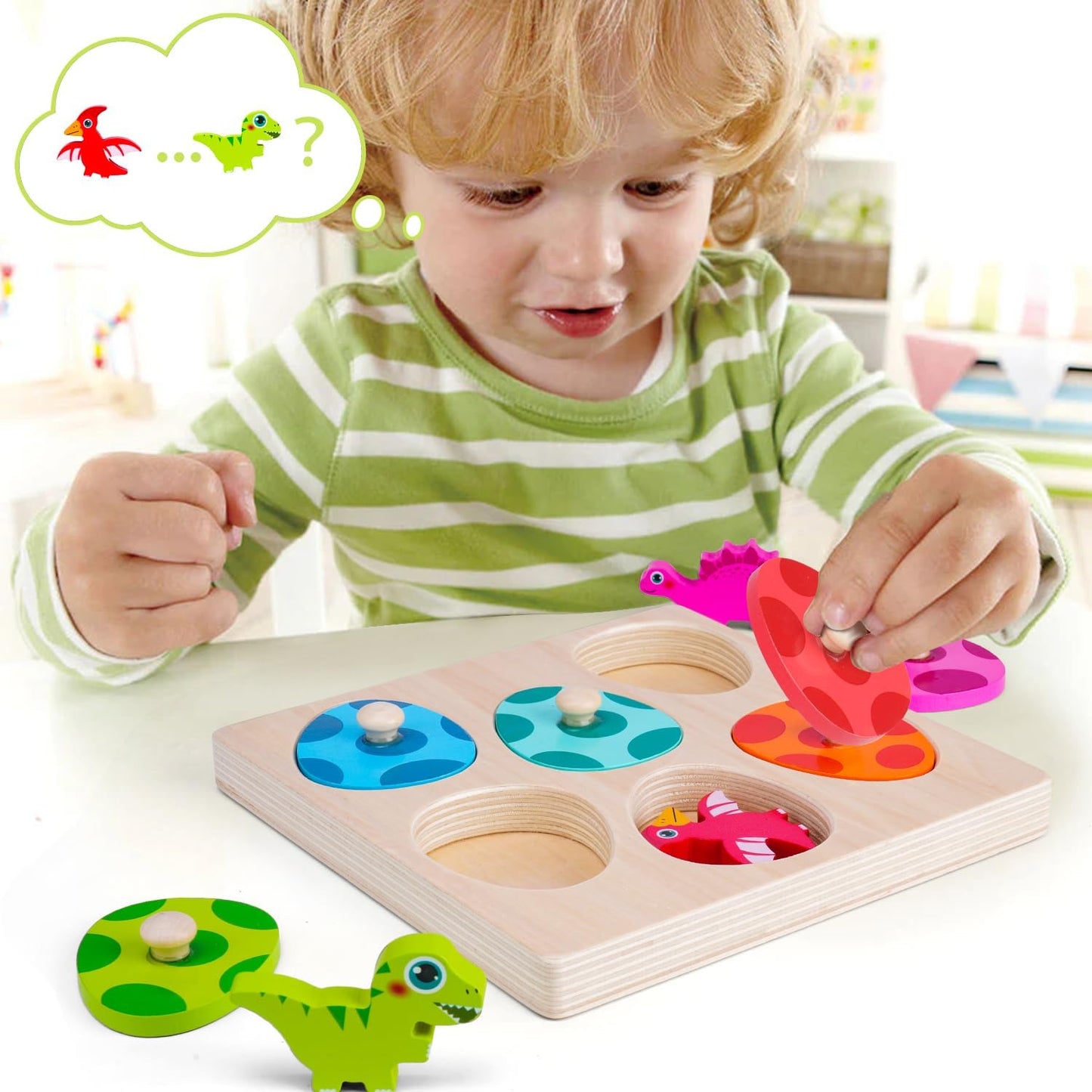 Dinosaur Wooden Toddler Puzzle 1-3, Montessori Toys for 1 2 3 Year Old, Dinosaur Eggs Peg Puzzles, Kid Wooden Puzzles Ages 2-4, Dinosaur Toy for Toddler Kid, Preschool Education Learning Toys