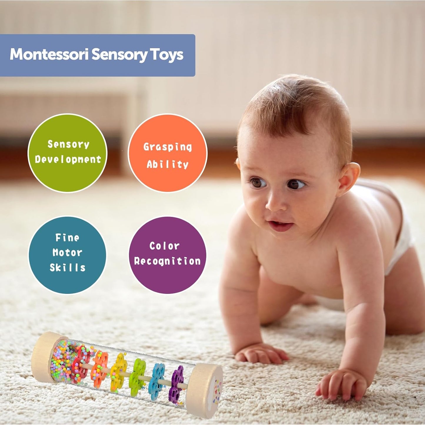 Rain Stick, Montessori Baby Toys for 6-12 Months 1 Year Old, Baby Rattle Wooden Sensory Toys, 7.7” Rainmaker Infant Musical Toy - Gifts for 6 7 8 9 12 Month Old Newborn Boys Girls Toddlers