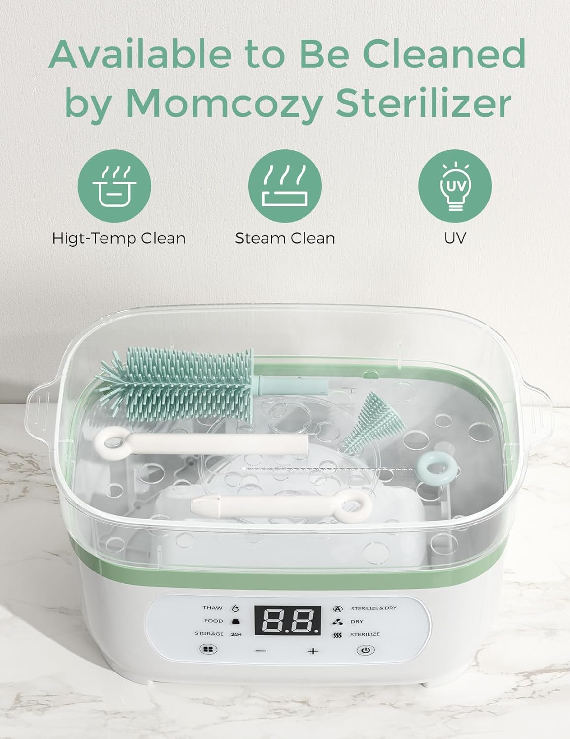 Momcozy Bottle Brush Set - Baby Bottle Cleaner Kit with Silicone Brush, Nipple Brush, Straw Brush, Soap Dispenser, Drying Rack - 7 in 1 Bottle Cleaning Tool for Home and Travel
