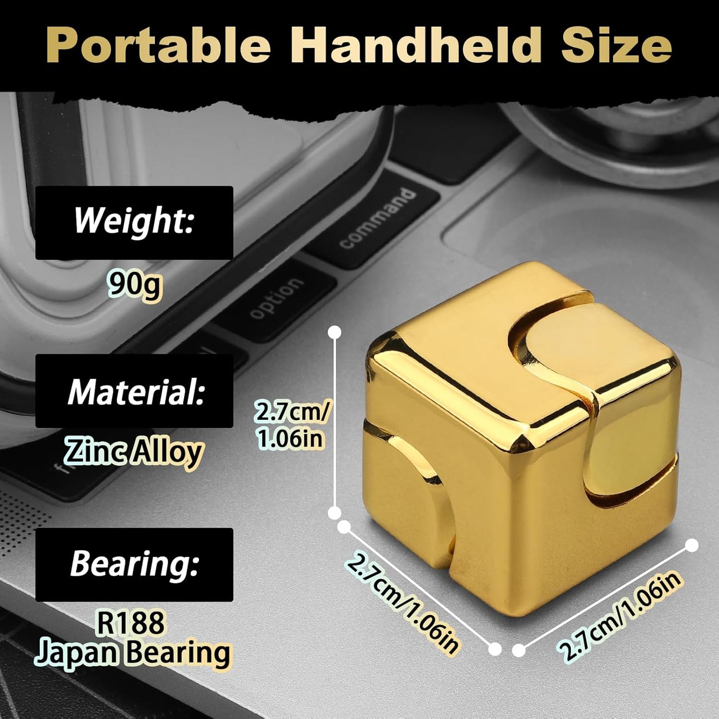 Metal Cube Fidget Spinner Toy for Kids Adults, Gold Cube Fidget Block Figner Spinner Focus 2 in 1 Spinning for Boys 3-12, Mini Gadget Easter Basket Stuff Desk Relaxing EDC Toy