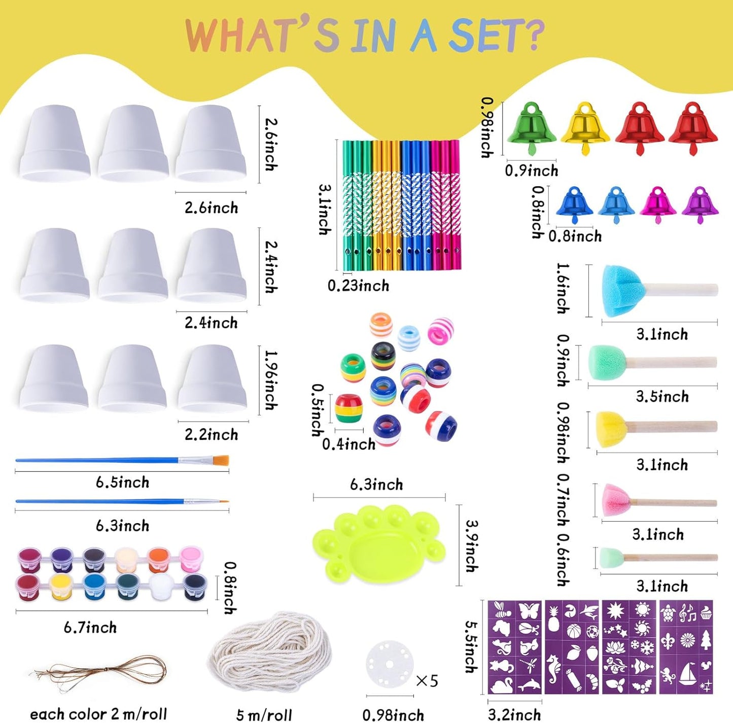 FULAIERGD 3 Pack Wind Chime Making Kit for Kids- Wind Chime Craft Painting Kit-Ceramic Pot, Bells, Stencils and Beads DIY Crafts Gifts for End of Year Student, Christmas, Birthday, Summer Decor