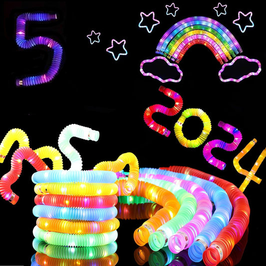 LED Light Up Pop Tubes Glow Sticks, Fidget Sensory Toys, Glow in The Dark Christmas Party Supplies Goodie Bag Stuffers for Boys Girls Birthday Party Carnival Return Gifts (5pcs)