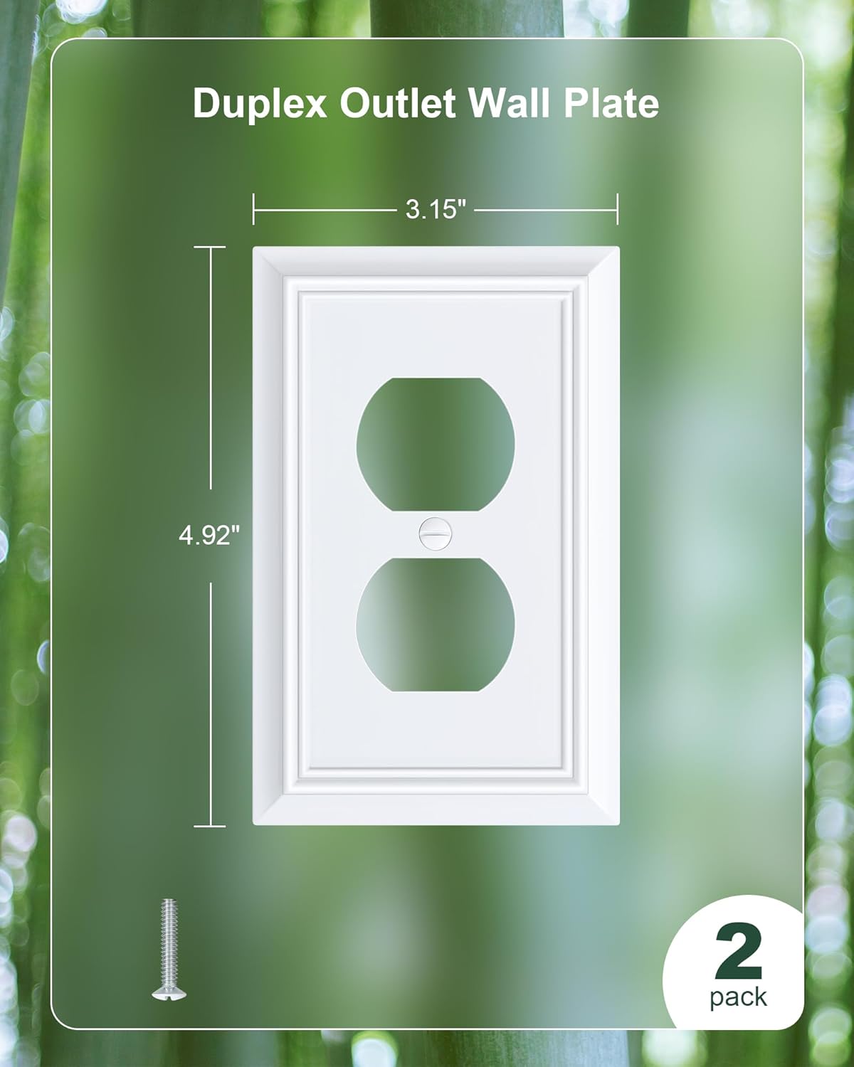 2-Pack Duplex Outlet Cover Plate, Decorative Pure White Switch Plates and Outlet Covers, Natural Bamboo Fiber Wall Plates for Electrical Outlets, 1 Gang Receptacle Cover, Corrosion Resistant