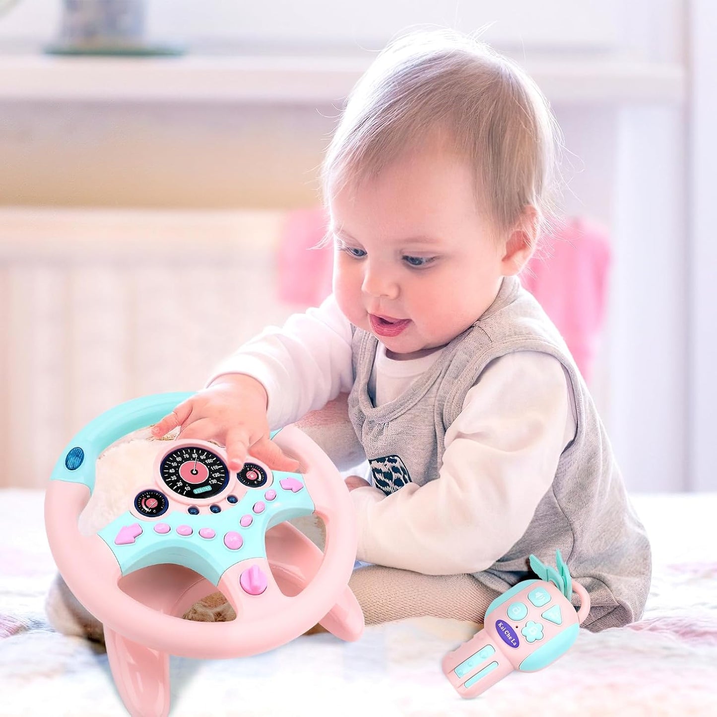 deAO Kids Steering Wheel for Backseat with Key Baby Toys Pretend Driving Simulated Steering Wheel Toy with Light and Music Gifts for Kids Toddlers (Pink)