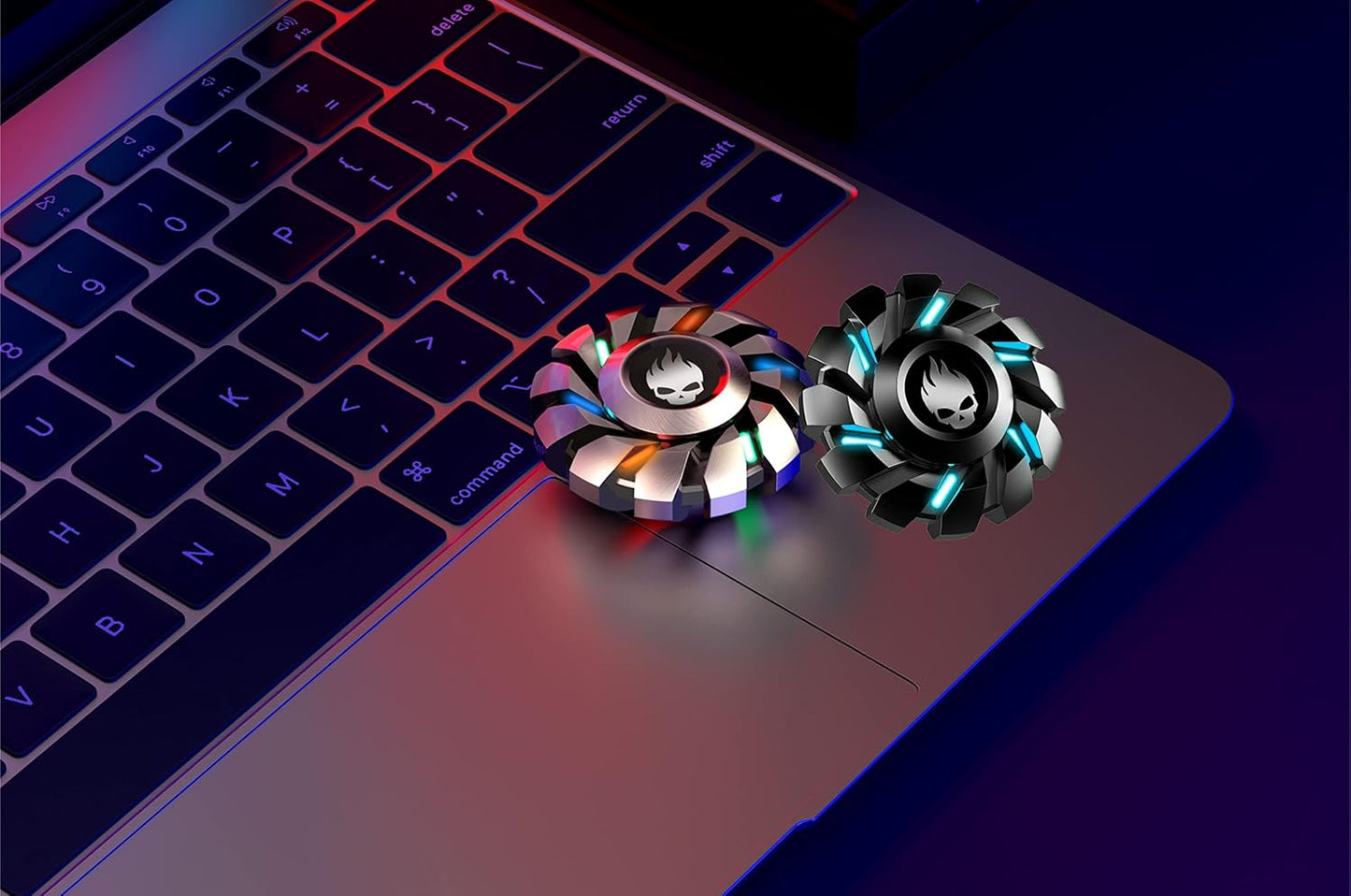 Black Gear Fidget Spinner, Colorful Glow in The Dark, High Speed and Silence, Cool Metal Mechanical Gear Shape Design with Skull Symbol, Anti-Anxiety and Stress Release for Kids and Adults