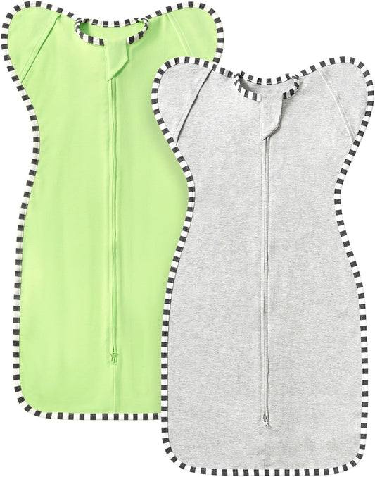 Transition Swaddle, 2 Pack 100% Cotton Baby Sleep Sack, 2-Way Zipper Infant Arm Up Swaddle for Newborn Baby Boys Girls (Light Green + Light Grey, S(0-3 Months))