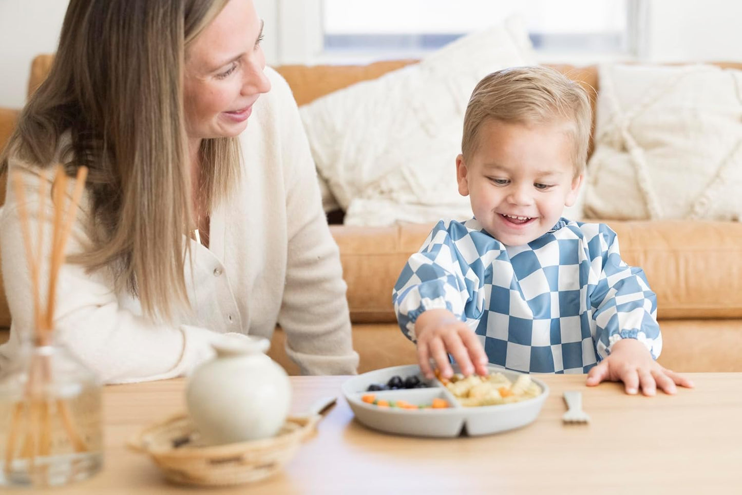 Tiny Twinkle Mess Proof Baby Bib,Waterproof Smock Baby Bib for Eating,Machine Washable Long Sleeve Bib,Baby Led Weaning,Toddler Bib (Checkers Blue, Small 6-24 Months)