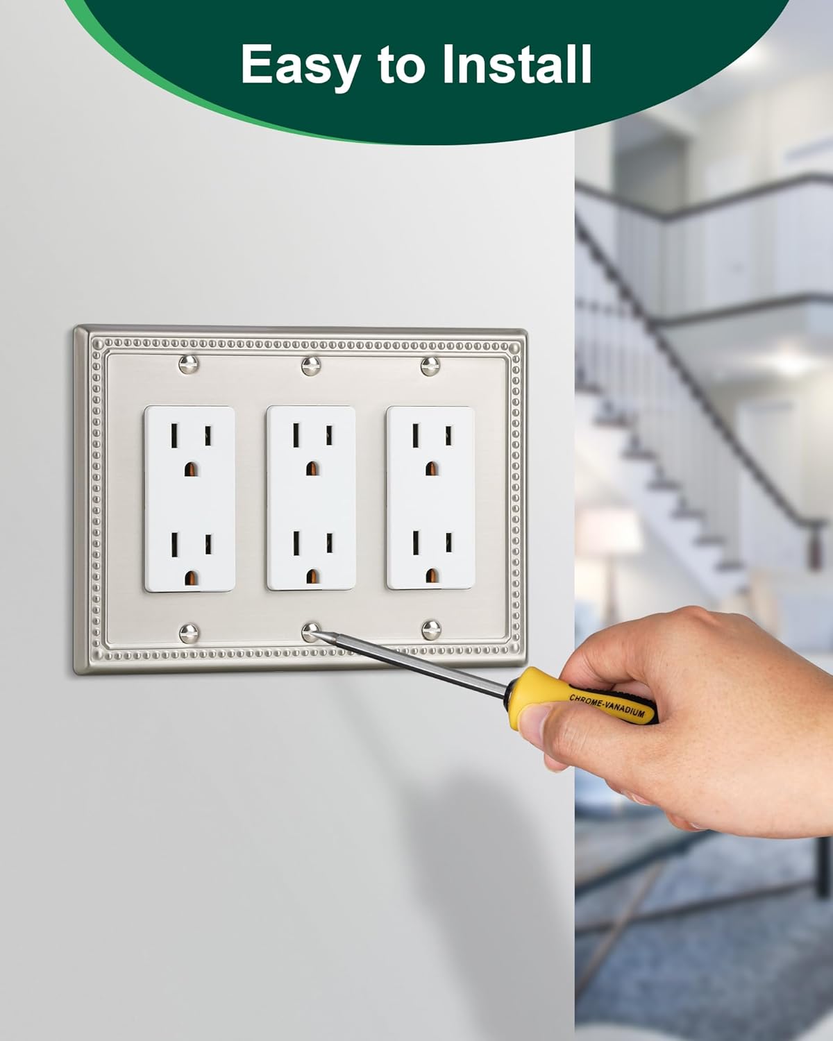 2-Pack Triple Decorator Outlet Cover Plate, Brushed Nickel Pearls Decorative Switch Plates and Outlet Covers, Metal Wall Plates for Electrical Outlets.