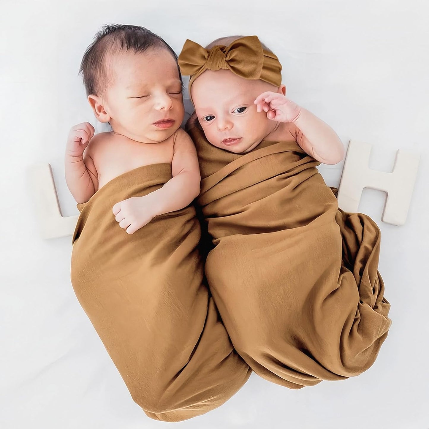 GRSSDER Newborn Swaddle Blanket, Ultra Soft Jersey Receiving Blanket with Matching Headband and Beanie Set, 47×47" Extra Large Nursery Swaddle Wrap for Girls and Boys