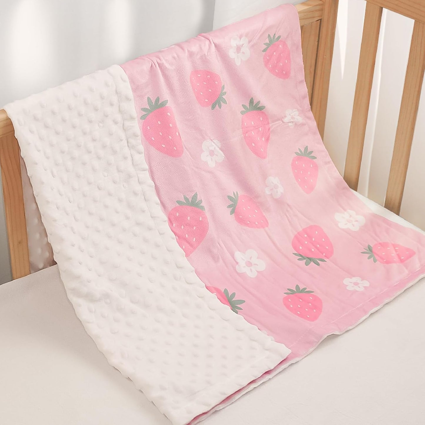 Strawberry Minky Baby Blanket 30 x 40 Inches for Girls, Soft Plush Receiving Blanket with Dotted Back, Gift for Toddler Newborn Infant Christmas Birthday Baby Shower