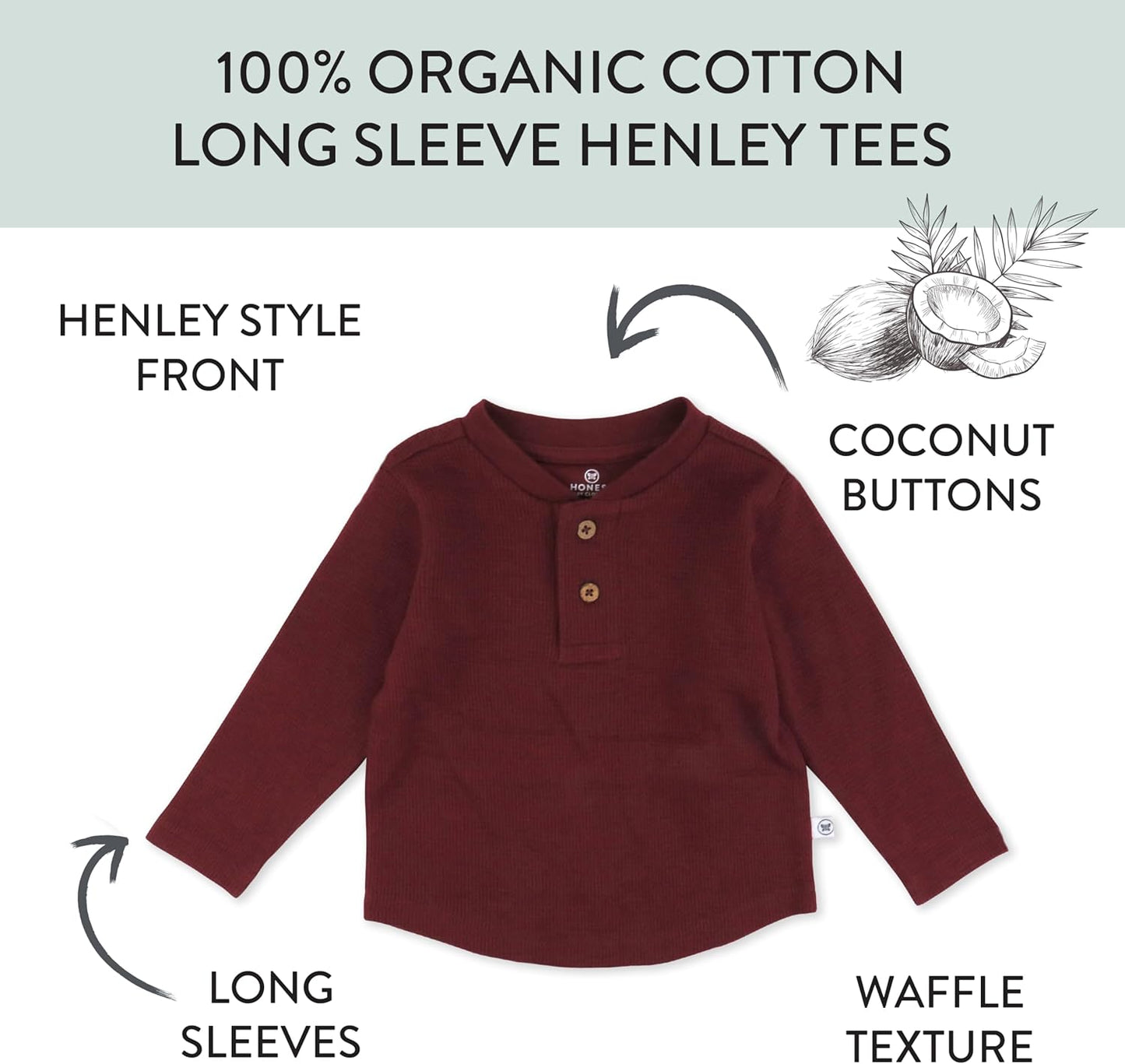 HonestBaby 5-pack Waffle Henley Long Sleeve Shirts 100% Organic Cotton for Infant Baby and Toddler Boys, Unisex