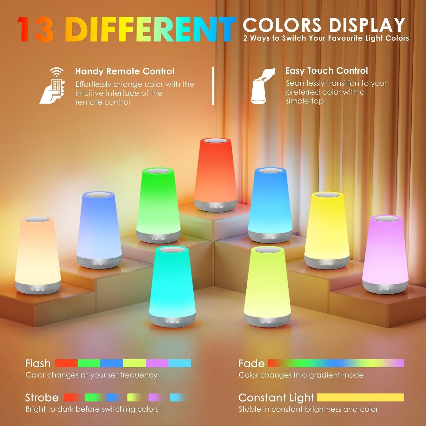 Night Light for Kids Baby, 2500mAh13 RGB Colors & 5 Brightness, Portable Rechargeable LED Bedside Lamp for Baby Nursery, Night Lights for Bedroom Living Room Bathroom Hallways, Silver