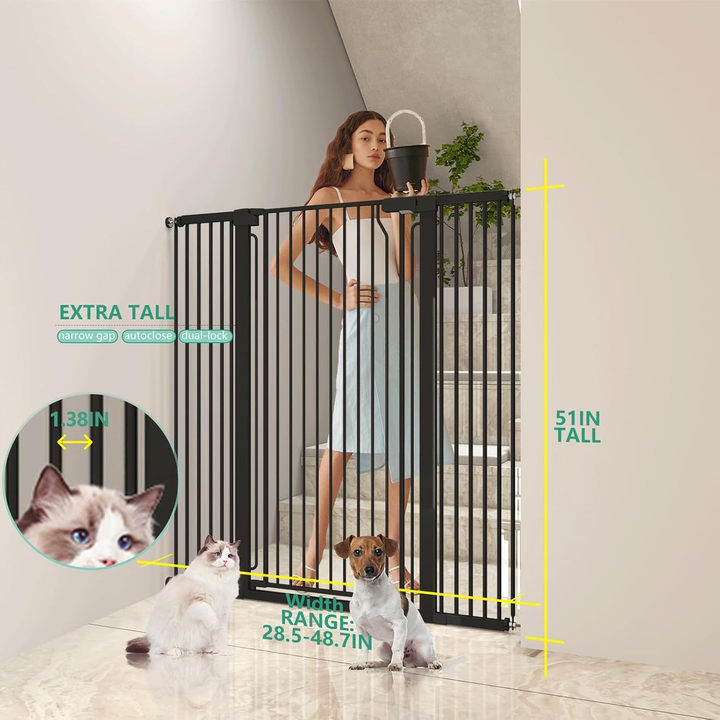 51" Extra Tall Cat Gate for Doorway Auto Close Encrypted Cat Gate 28.5"-48.7" Adjustable Width Pet Gate Include 5.5" and 8.26" Extension Kits No Drilling Pressure Mount Kit