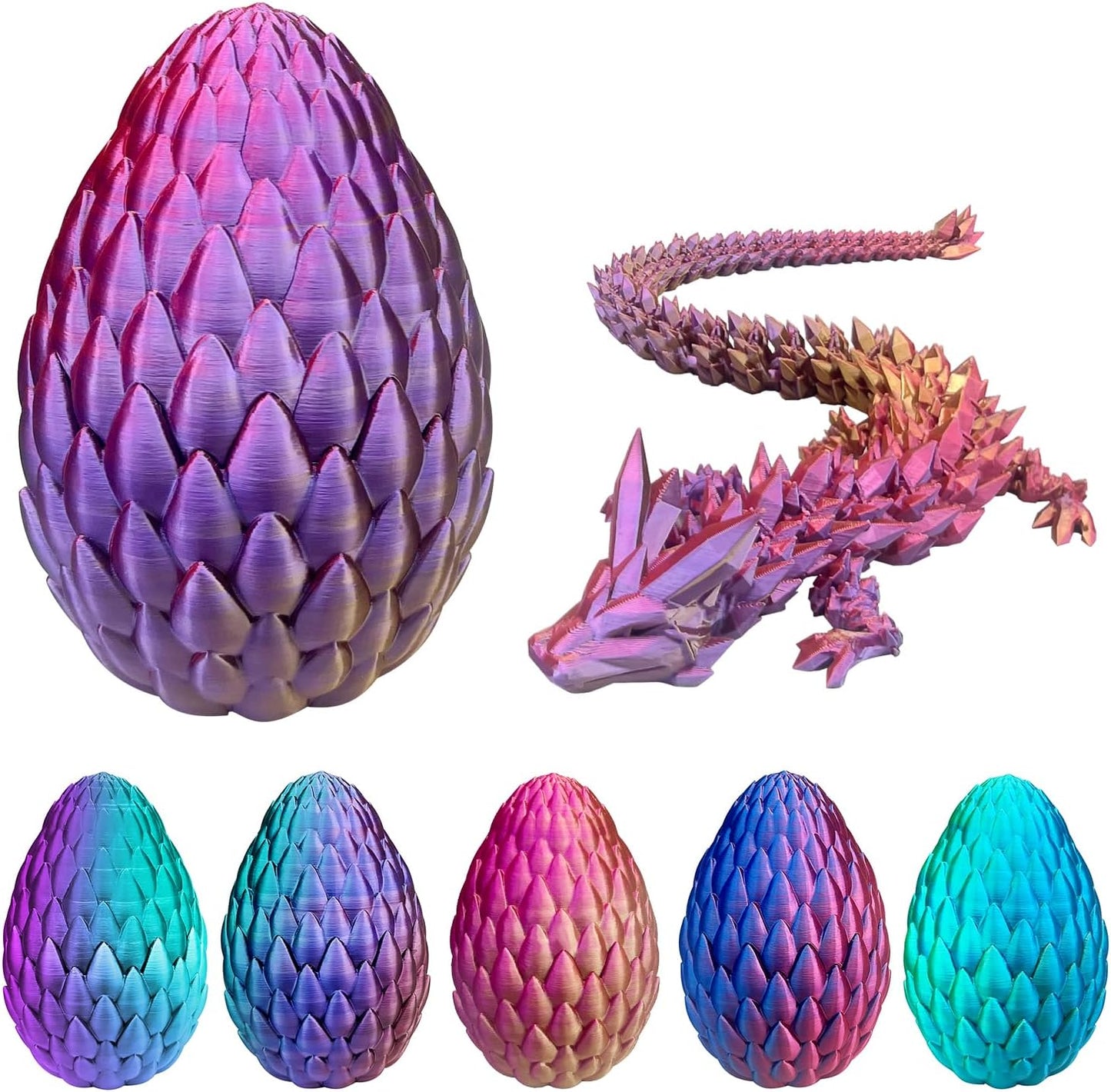 3D Printed Dragon with Dragon Egg 16.5'' Articulated Dragon Crystal Dragon Fidget Dragon Egg Toys Executive Desk Toys (Red Gold Purple, Dragon & Egg)