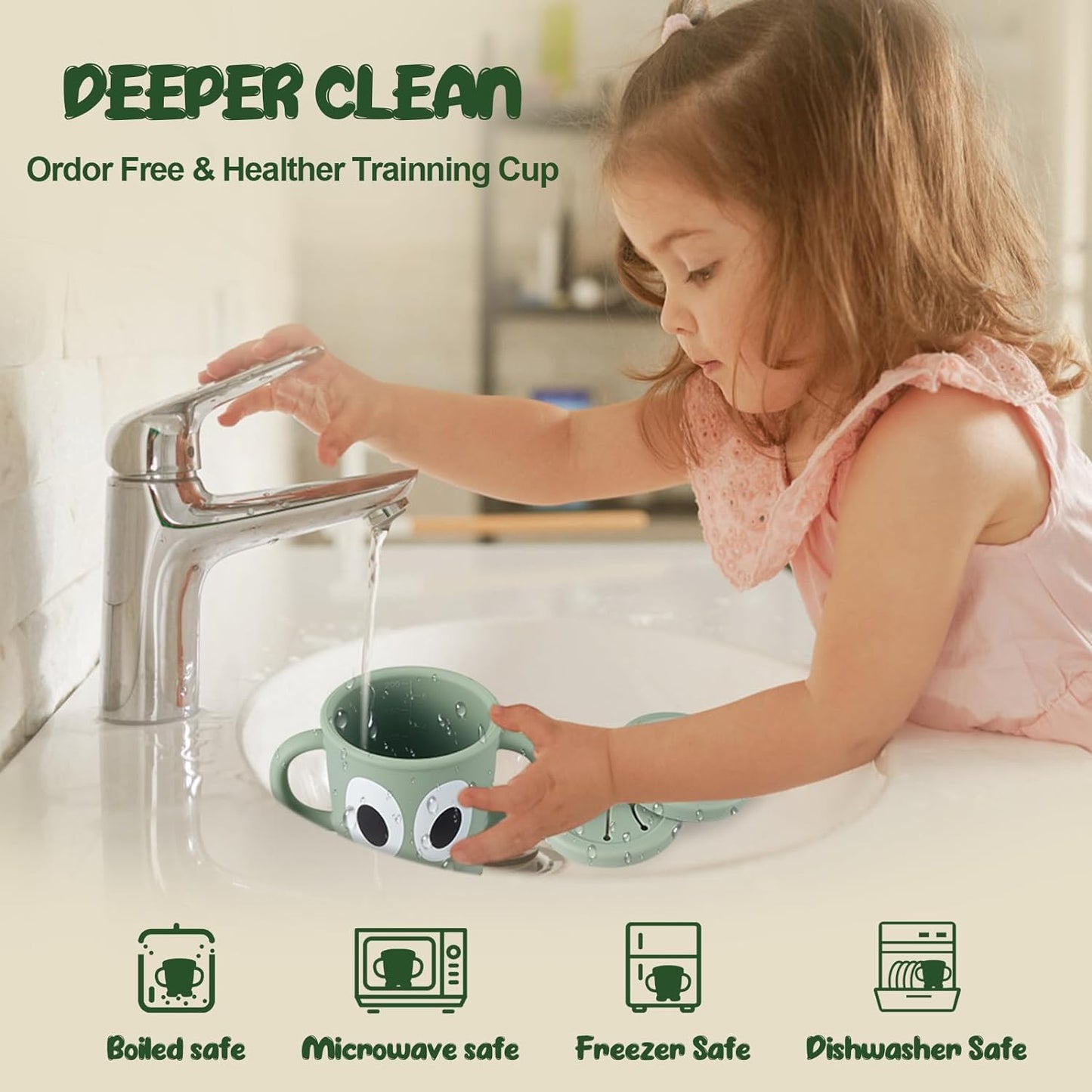 Silicone Snack Cups Food Container for Toddlers and Babies, Spill Proof Training Cup with Snack Cup Lid & Dust Proof Lid, Comes with a toy strap, Without BPA, Lead, or Phthalates (Beige)