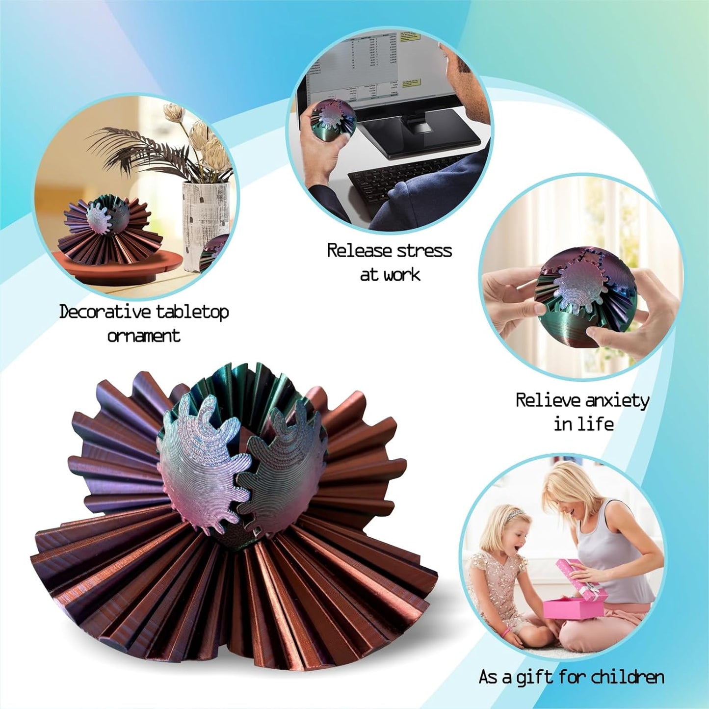 GearSphere Fidget Toy, 3D Printed Gear Ball Spin Ball Cube Desk Toy, 2024 Gear Sphere Cube Puzzlefor Adults Kids, Stress and Anxiety Relaxing Fidget Toy (Green-Purple-Copper)