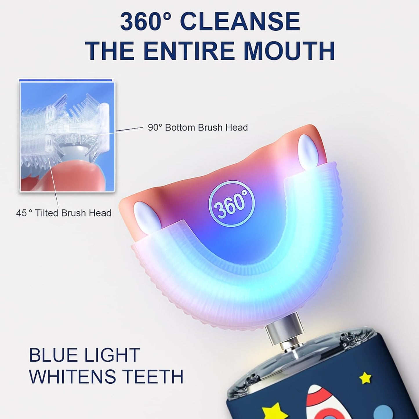 Kids U Shaped Electric Toothbrush Ultrasonic Automatic Brush with 5 Brush Head Rinse Cup 6 Clean Modes IPX7 Waterproof Whole Mouth Rechargeable Smart Timer Toothbrushes for Children Age 8-14